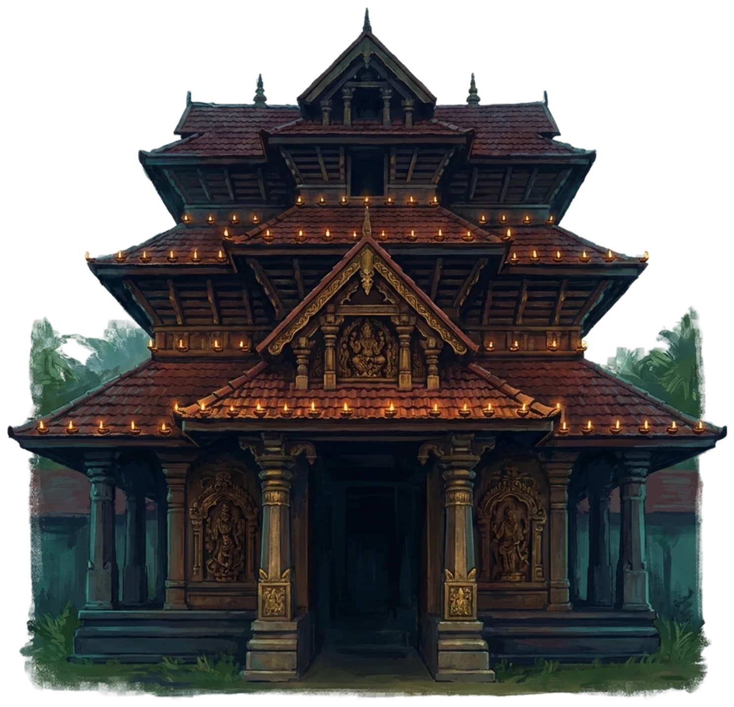 Painted Kerala gopuram: tiered copper-tiled roofs over a carved timber gateway