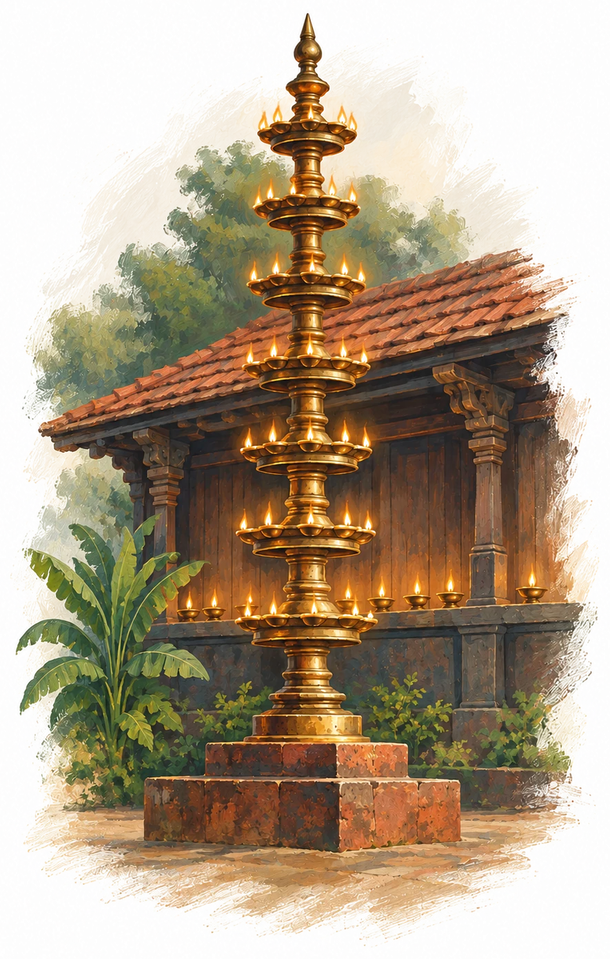 Painted brass deepastambham lamp tower, every tier lit, on a laterite base before a timber temple wall lined with oil lamps