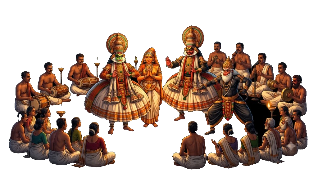 Kathakali dancers in green-faced and red-bearded costume, ringed by drummers and a seated audience