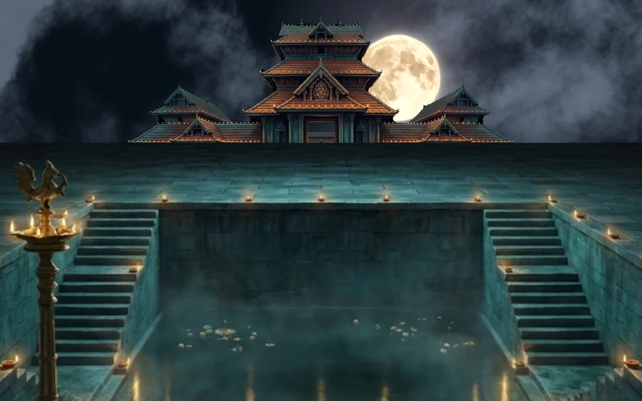 The opening scene of Koothambalam: a temple gopuram against the moon, with the temple pond and lamps below