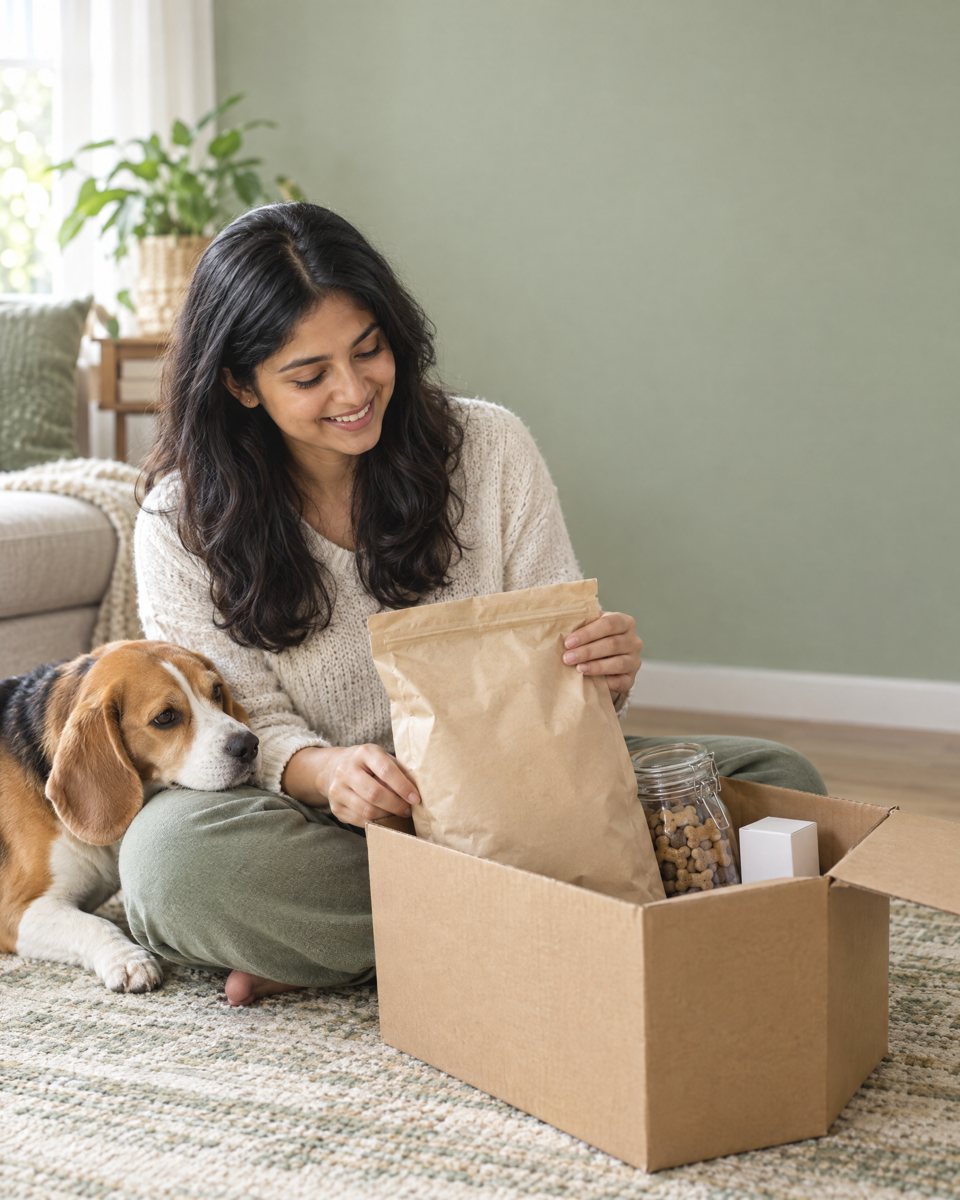 A pet parent unpacking dog food, treats and a pharmacy box while her beagle rests on her knee