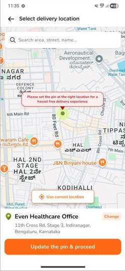 Select delivery location map with Update the pin and proceed