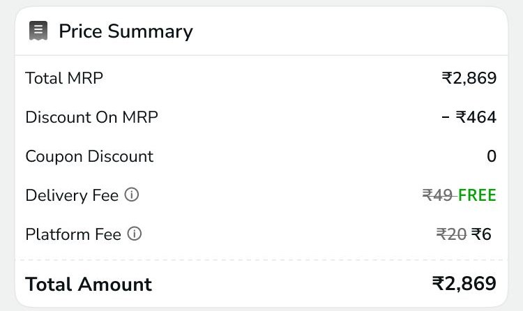 Price summary with MRP, discount, coupon, delivery and platform fee lines
