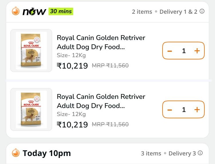 Two delivery groups: now, 30 mins with 2 items as Delivery 1 and 2, then Today 10pm with 3 items as Delivery 3