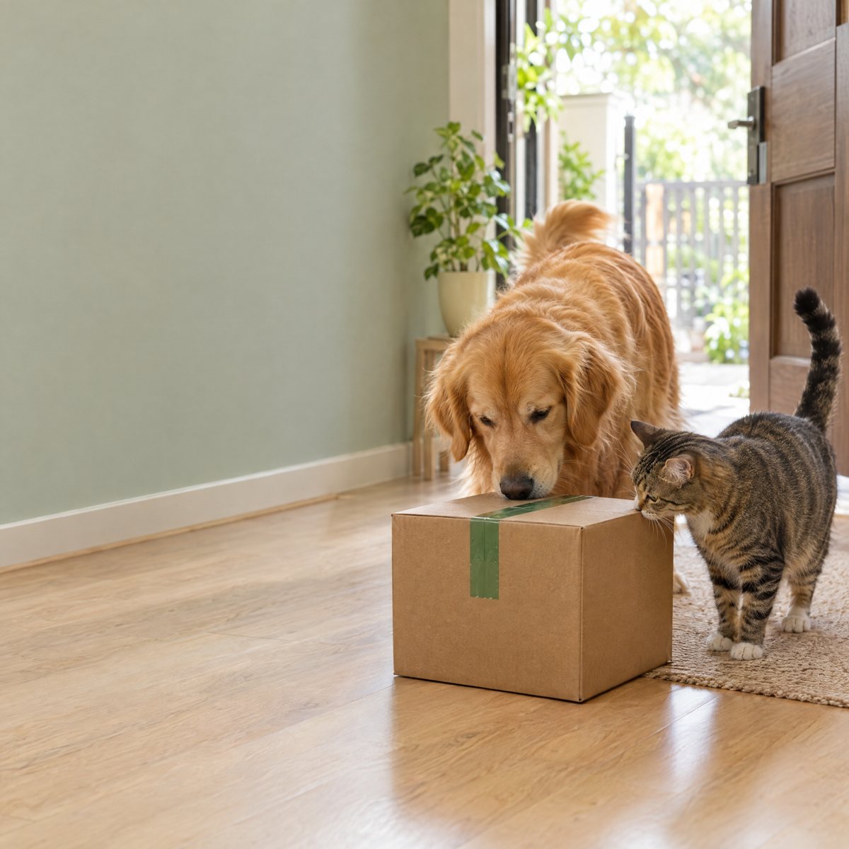 A golden retriever and a tabby cat sniffing a just-delivered cardboard box at the front door