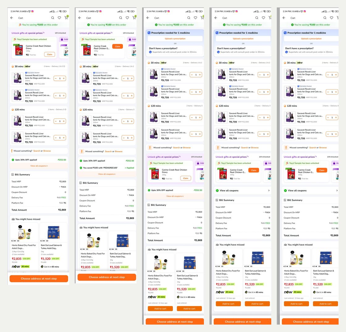 Second draft board: five cart variants moving gifts, coupons and prescription content