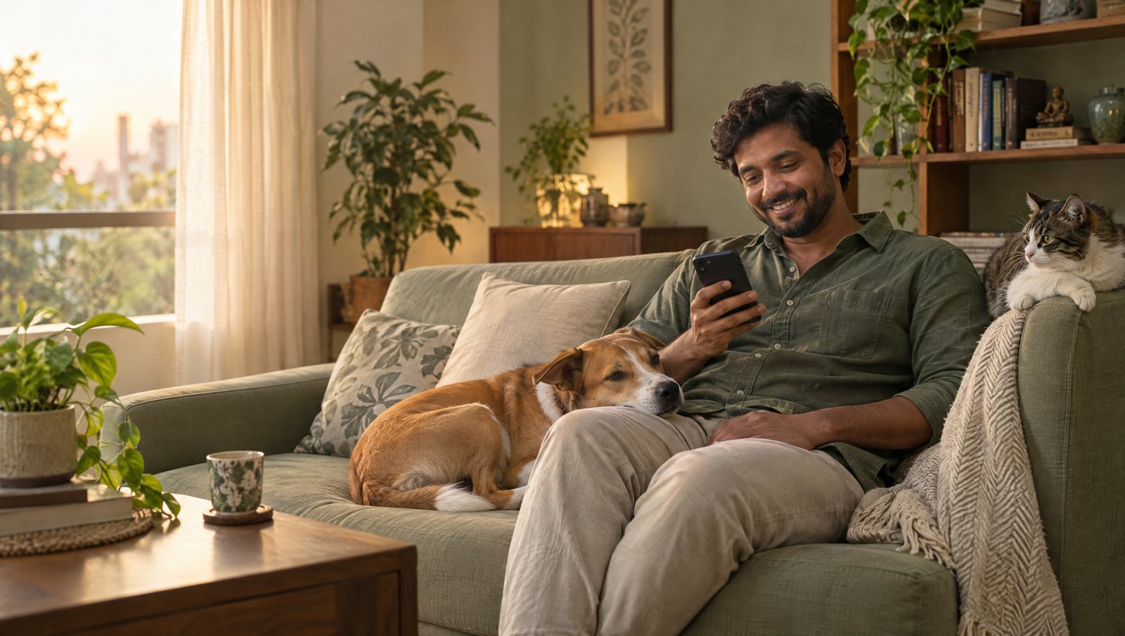 A pet parent shopping on his phone on the sofa, his dog and cat beside him