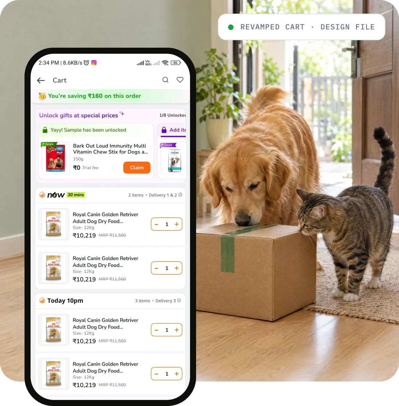 The revamped Supertails cart on a phone, beside a dog and a cat sniffing a just delivered box